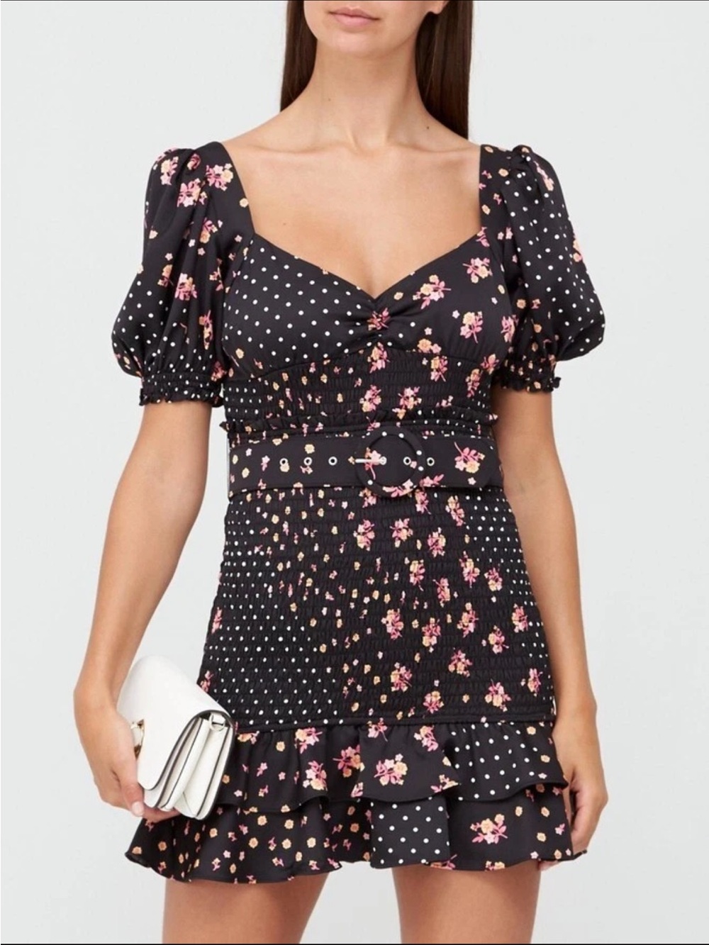 For Love and Lemons M New Black Floral & Polka Dot Puff-Sleeve Mini Dress
